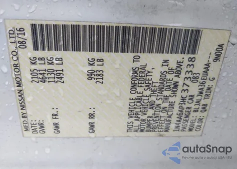 2017 Nissan Maxima 3.5 Platinum/3.5 S/3.5 Sl/3.5 Sr/3.5 Sv z USA, uszkodzony, nr VIN 1N4AA6AP3HC373338